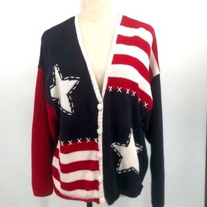 Timberlea Cardigan Patriotic Cotton Long Sleeve USA July 4 V-neck Knit Women LG
